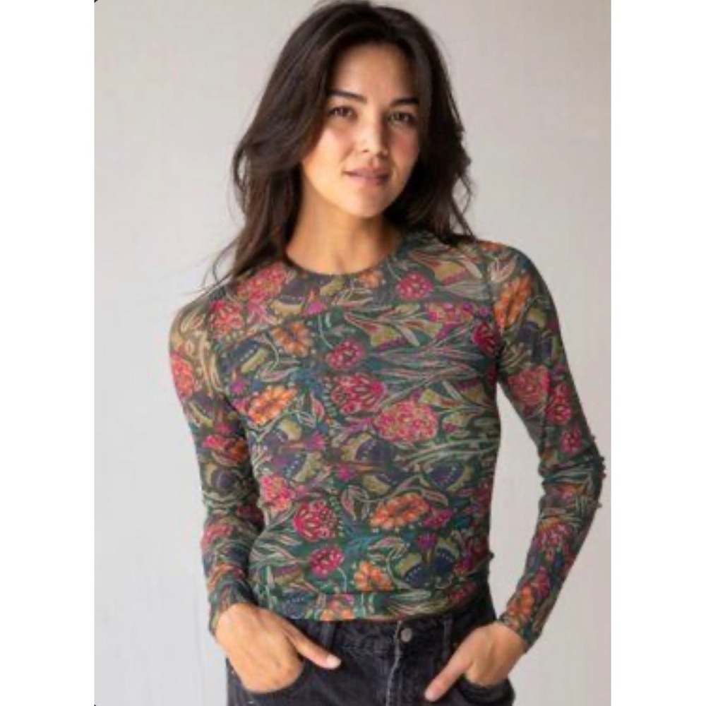 Natural Life Sloan Floral Mesh Long Sleeve Top Multi Color Crew Neck Medium